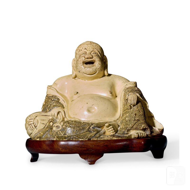 明 米黄绞胎釉弥勒佛坐像